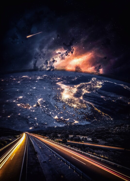 Poster Golden Space Trails and Earth Planet Lights