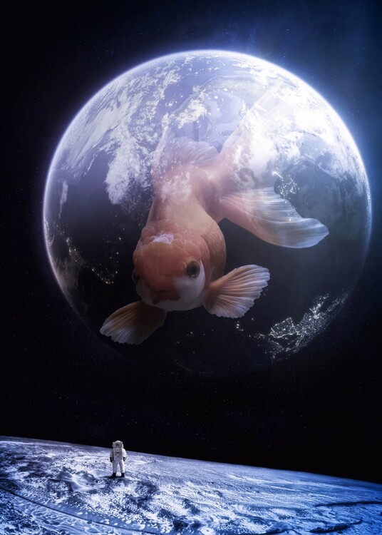 Plagát Giant Goldfish in Space with Bubble Earth and Astronaut