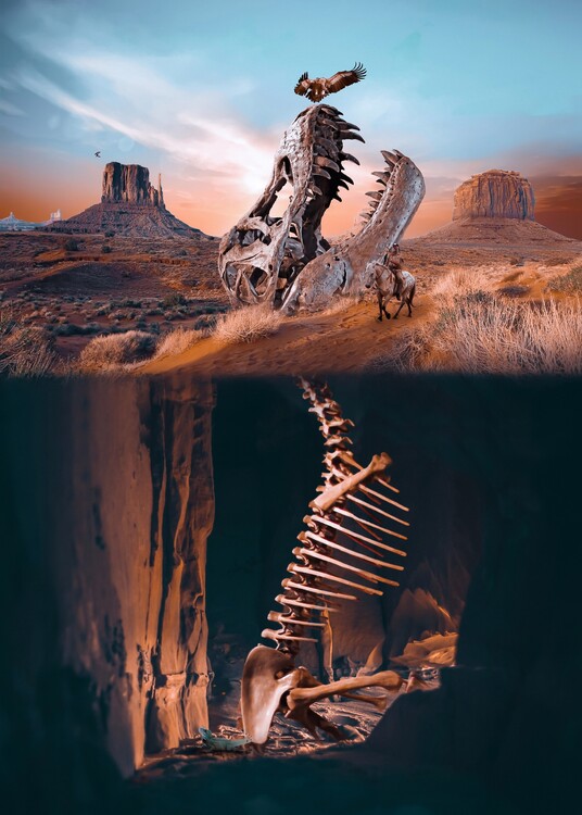 Poster Dinosaur skeleton and the Indian man on Horse