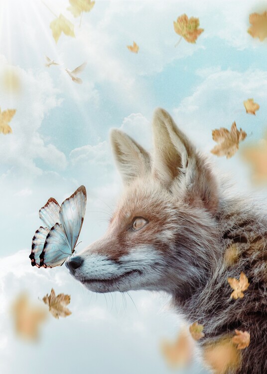 Poster Red Fox, Blue Butterfly, Heaven Sky and Autumn Leaves