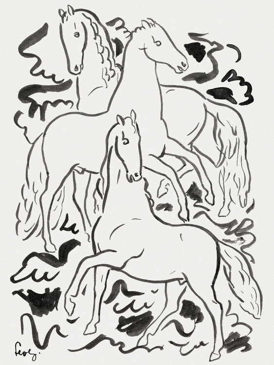 Poster Three Horses (Retro Monochrome Graphic) - Leo Gestel