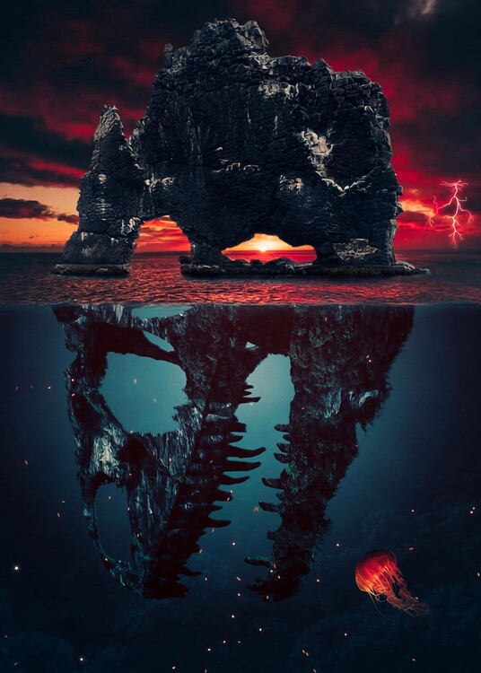 Poster Dinosaur Island Black Skull Underwater