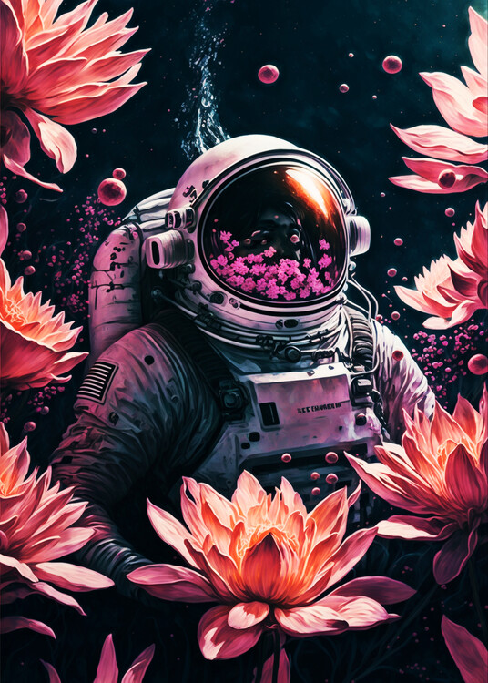 Poster Astronaut floating in a sea of ​​pink lily stars