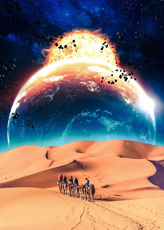 Plagát Desert Camels Space Trip whith Sun and Planet