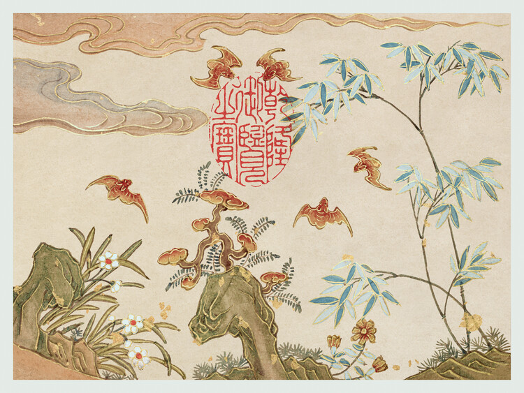 Canvas Print Golden Bats Beneath the Clouds (Oval Stamped) - Zhang Ruoai