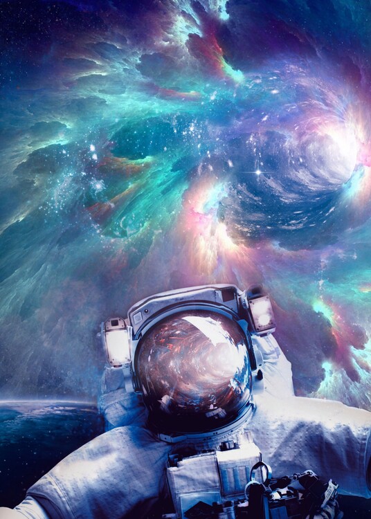 Plagát Astronaut Wormhole and Rainbow Galaxy