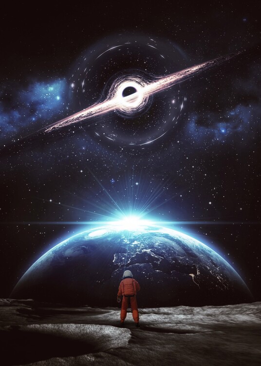 Poster Astronaut on the Moon, Earth View and Black Hole in Space