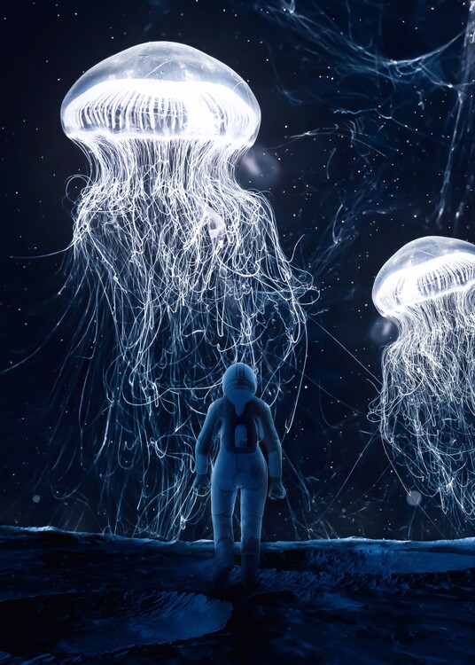 Poster Astronaut meets jellyfish from space universe