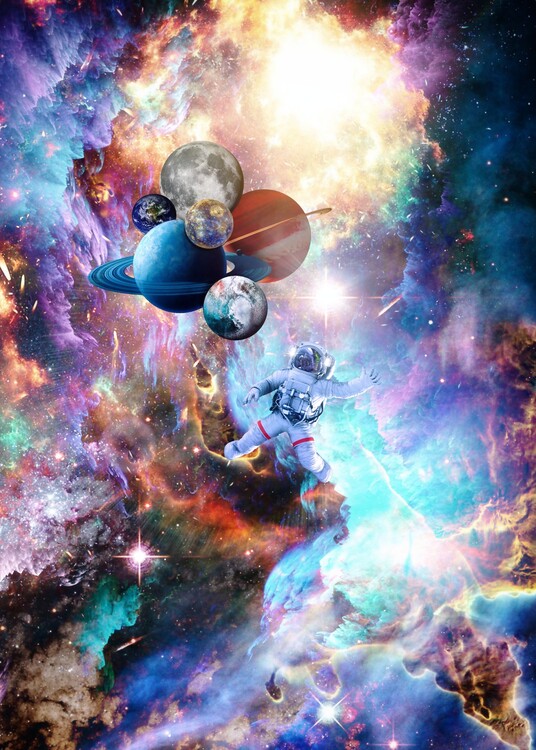 Plagát Astronaut Levitation in space and Planets Balloons