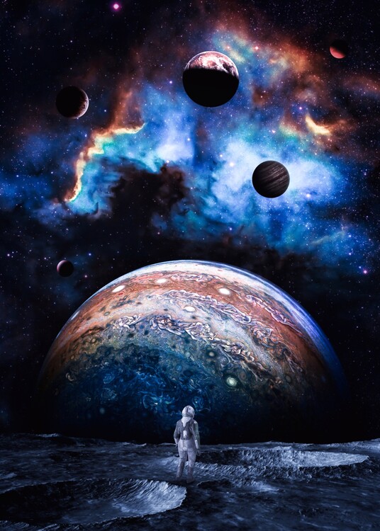 Poster Astronaut looking planet Jupiter on Moon