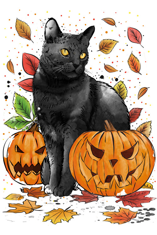 Canvas Print Cat Leaves and Pumpkins