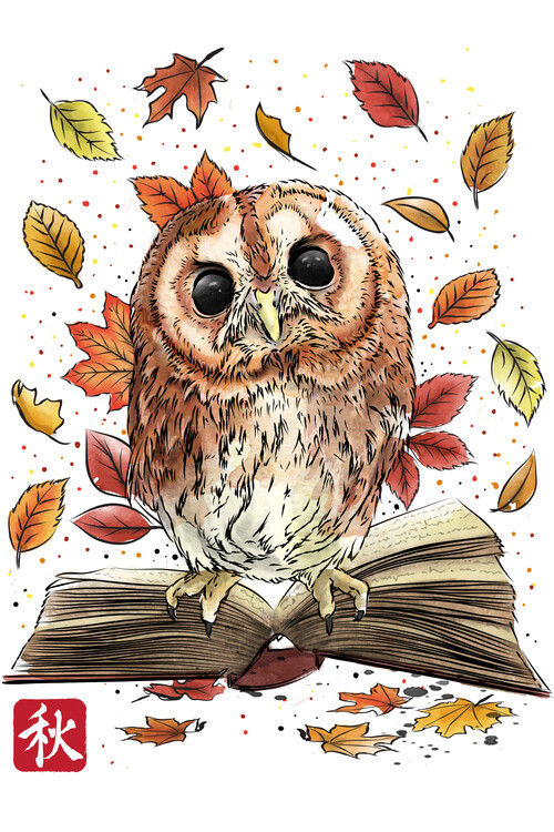 Canvas Print Owl Leaves and Books
