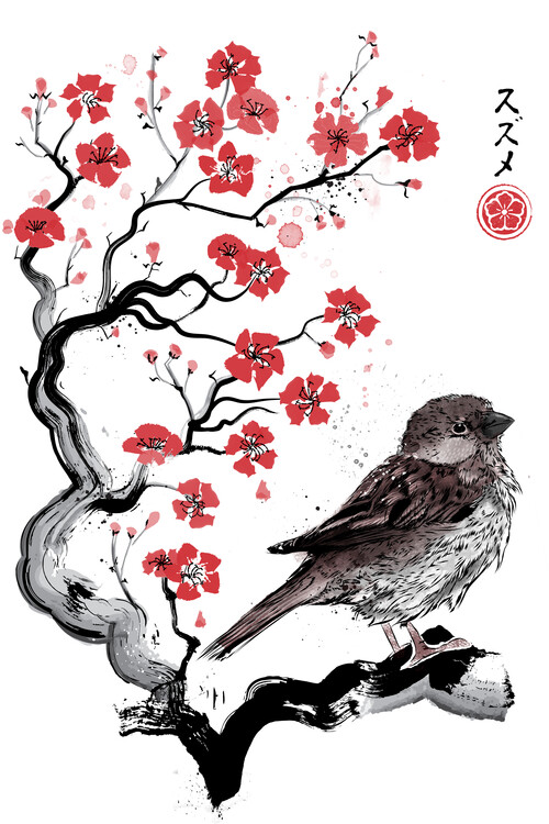 Poster Little Sparrow sumi-e