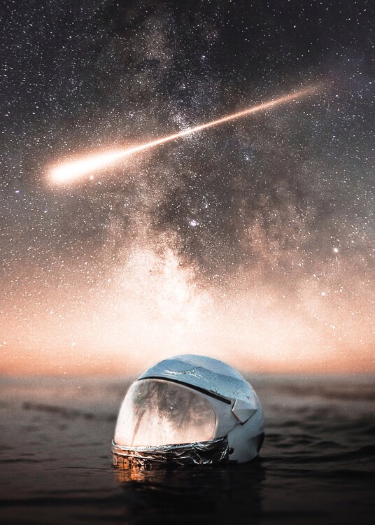 Plagát Astronaut Helmet Reflection and Comet in starry sky