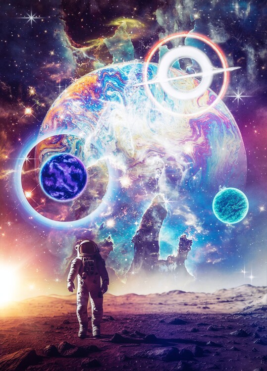 Plagát Astronaut and trippy psychedelic space