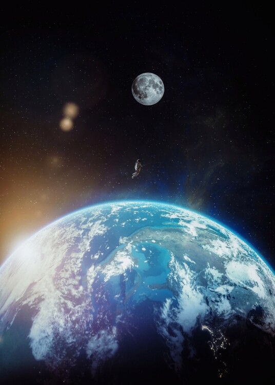 Poster Astronaut flying to the moon in space