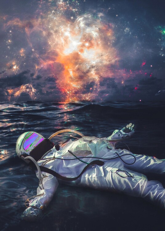 Plagát Astronaut Floating in Ocean under galaxy colors