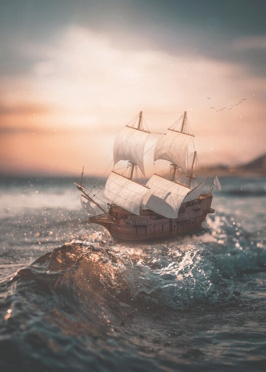 Poster A Small Foam Boat and blur sunset