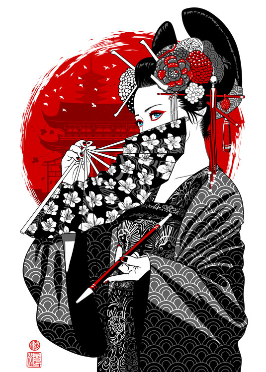 Póster Geisha with fan