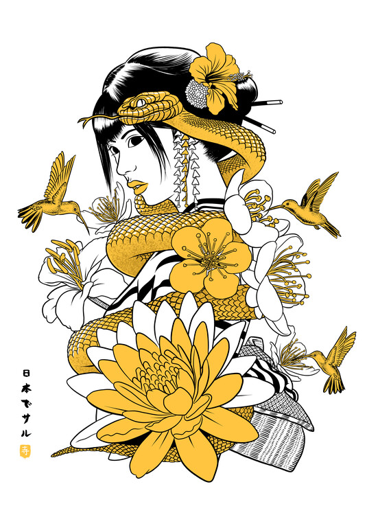 Póster Geisha with snake and hummingbirds