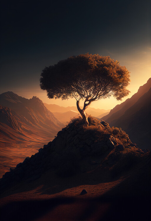 Плакат Landscape with a tree in the middle of the mountains at suns