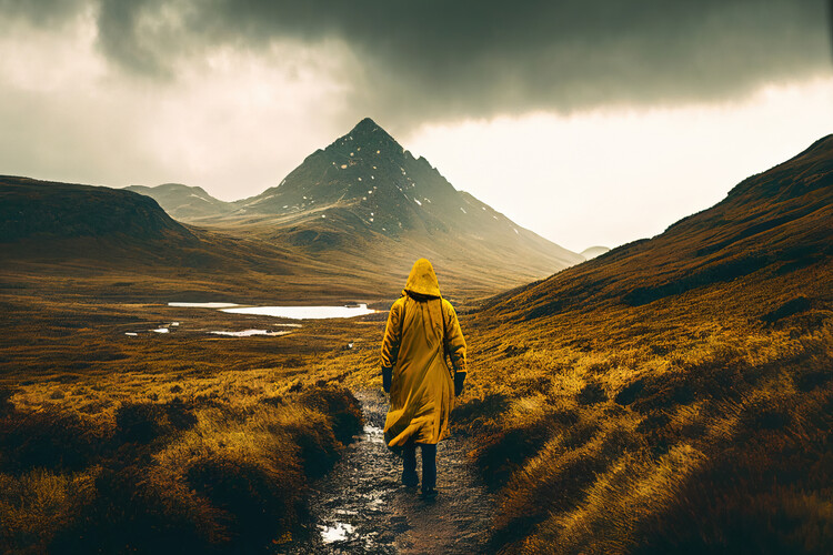 Плакат Anonymous woman in a raincoat walking through a cloudy lands