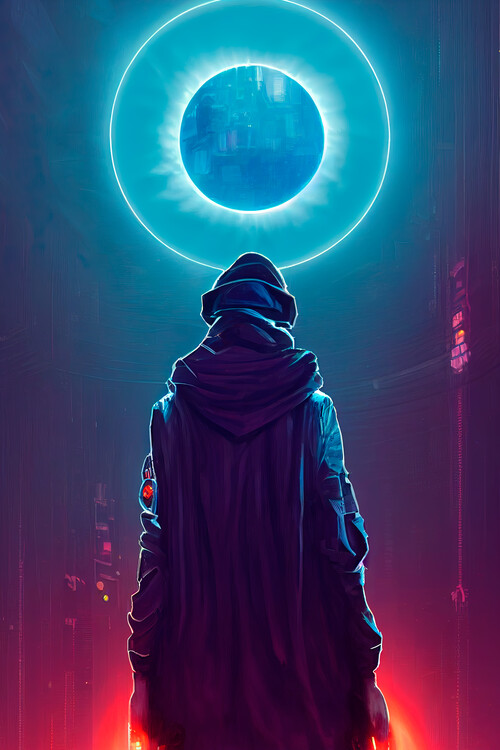 Poster Magician and portal in cyberpunk style