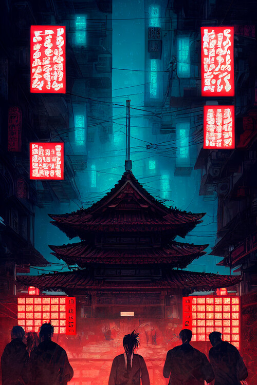 Плакат Old temple in a cyberpunk city