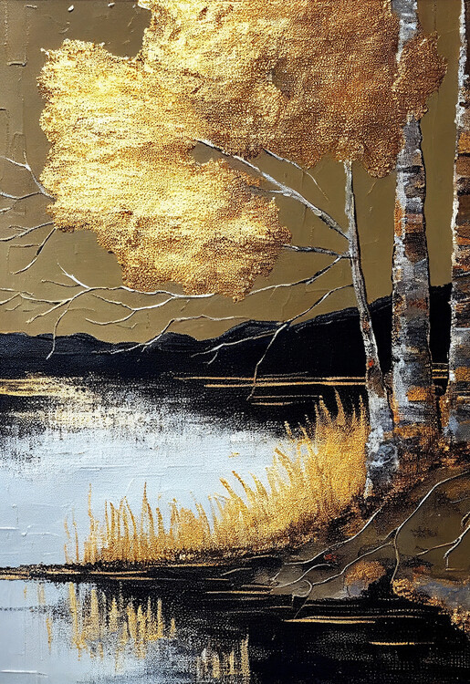 Poster Golden birch tree at the lake