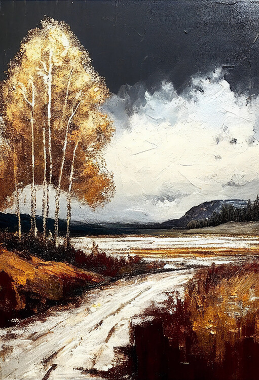 Poster Winter road, golden colors
