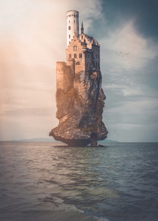 Poster Pirate's castle on a rock in the middle of the ocean