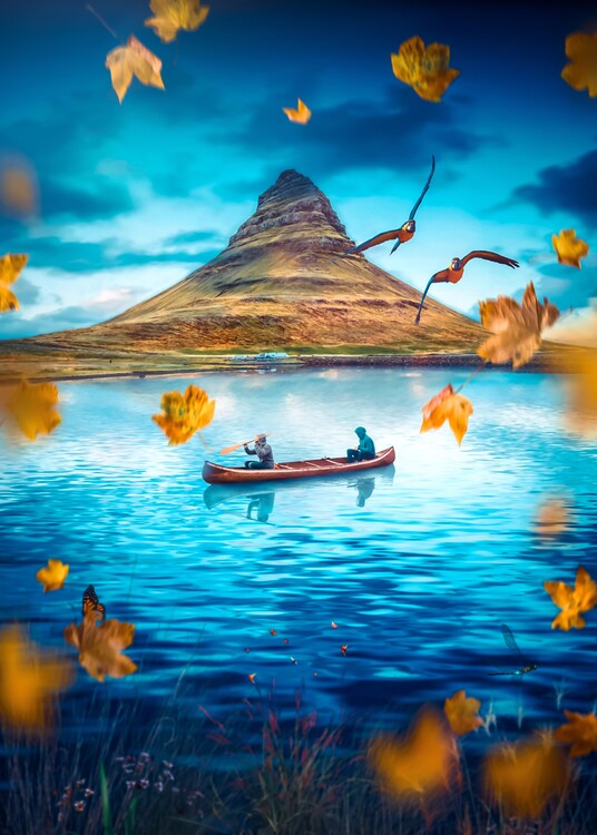 Плакат Canoeing adventure on a blue lake in front of a sacred mount
