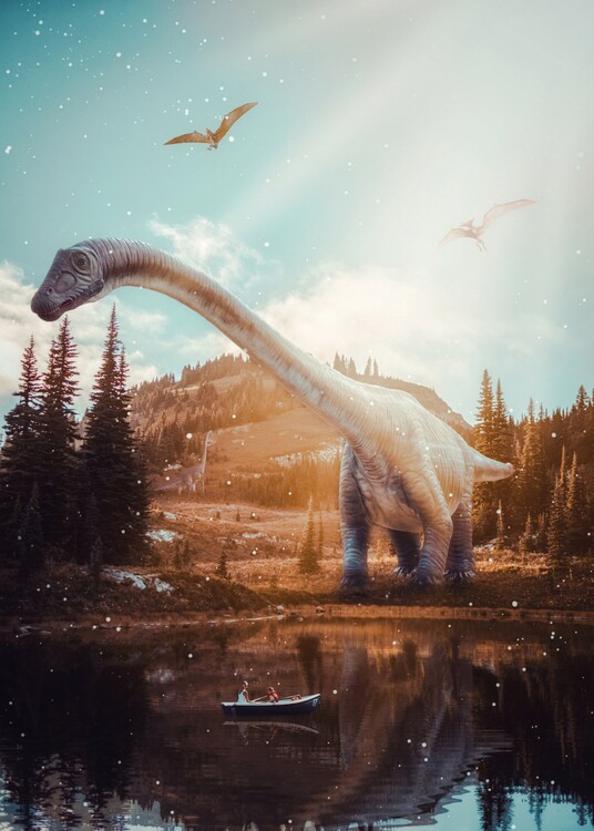 Poster Brachiosaurus dinosaur near a river