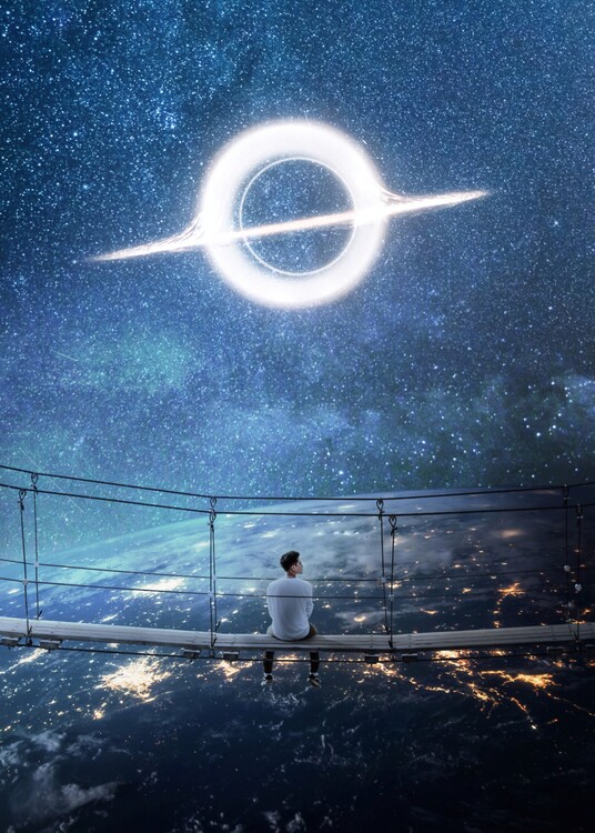 Plakát Man on bridge looking Planet Earth and Black Hole
