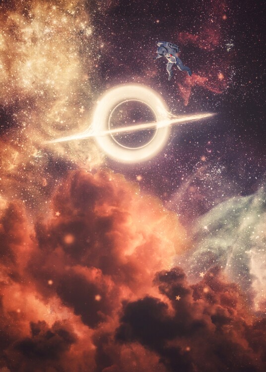 Plakát Black Hole Orange Clouds and Flaotaing Astronaut
