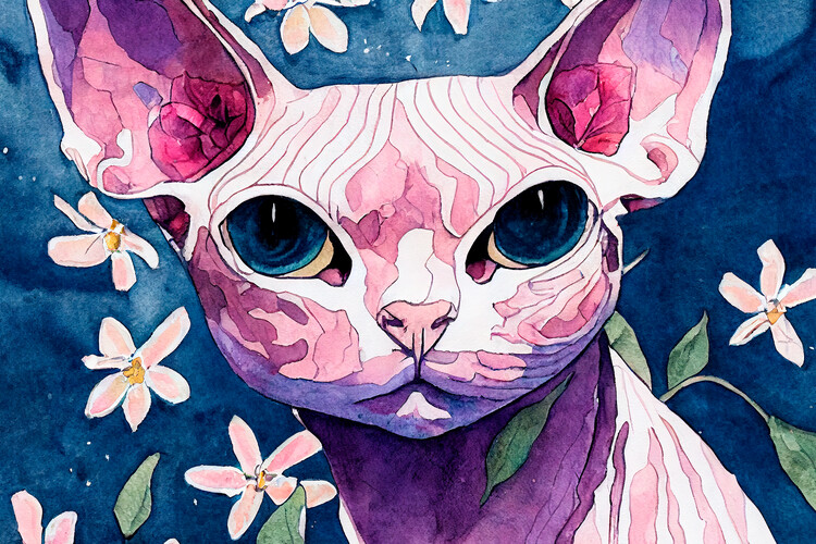Poster Sphynx cat in flowers painted with watercolor