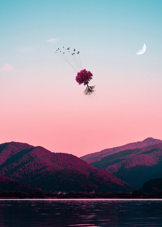 Плакат Birds that capture a tree and fly to the sky