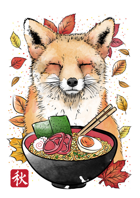 Canvas Print Fox, leaves and ramen