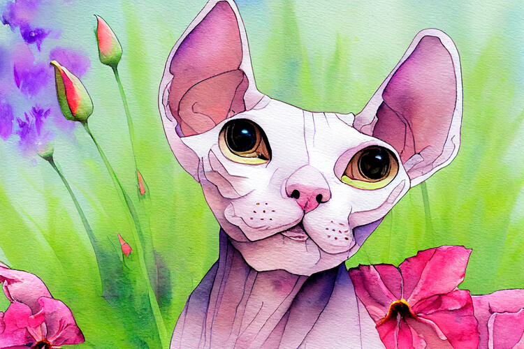 Poster Sphynx cat in flowers painted with watercolor