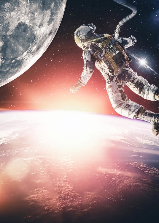 Plakát Cosmonaut in space between eart and moon
