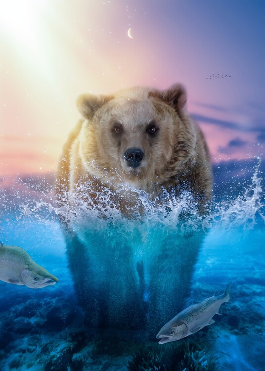 Poster Bear fishing for salmon in river