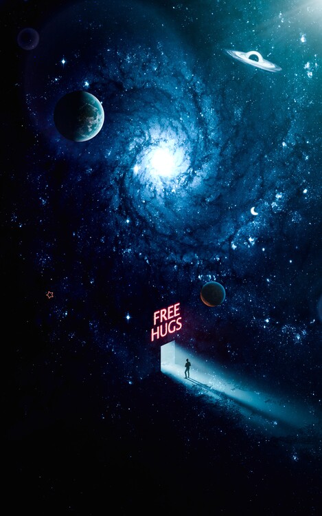 Poster Free Hugs in blue Space Galaxy