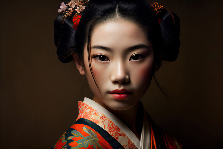 Плакат Portrait of a geisha on a dark background