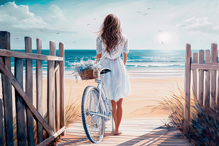 Плакат Woman in white dress with a bicycle by the sea