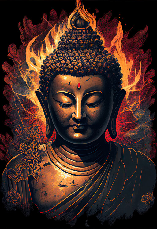 Плакат Buddha with flames of fire from behind