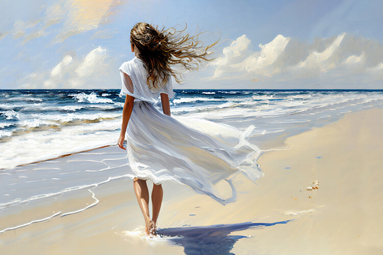 Плакат Woman in a white dress by the sea