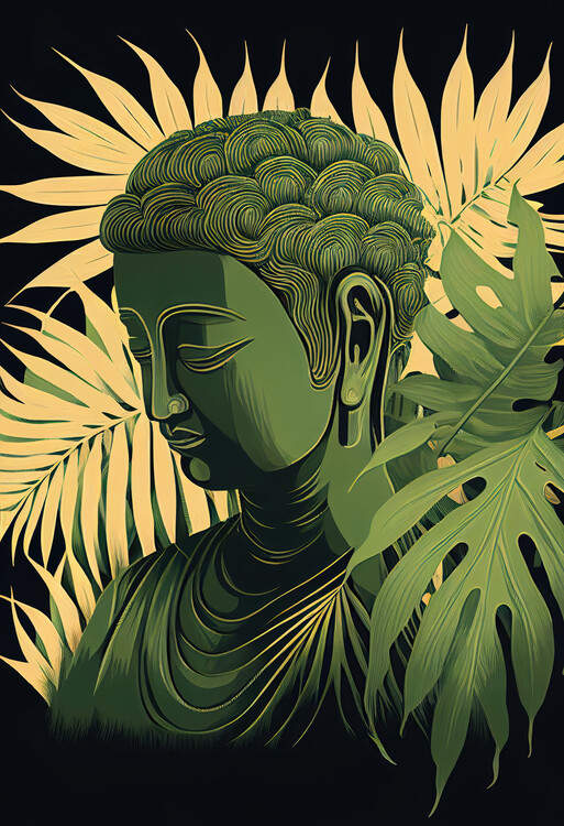 Плакат Buddha surrounded by plant leaves
