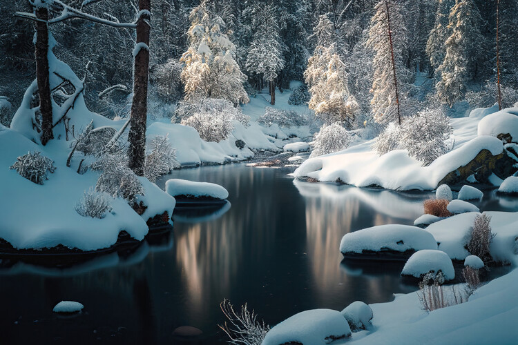 Плакат Snowy forest by a river