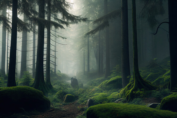 Poster Green forest with fog
