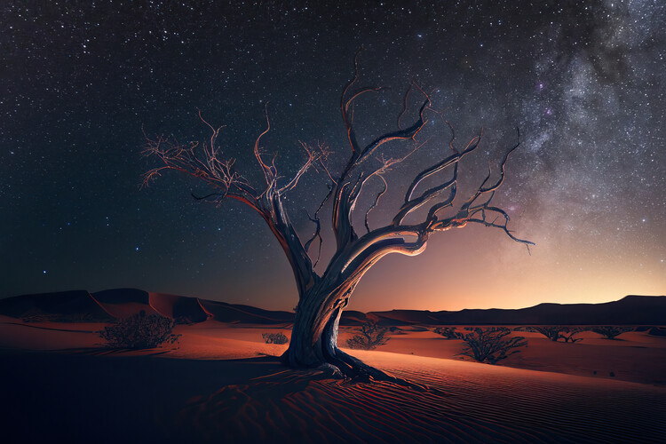 Poster Dry tree in the middle of the desert under the stars
